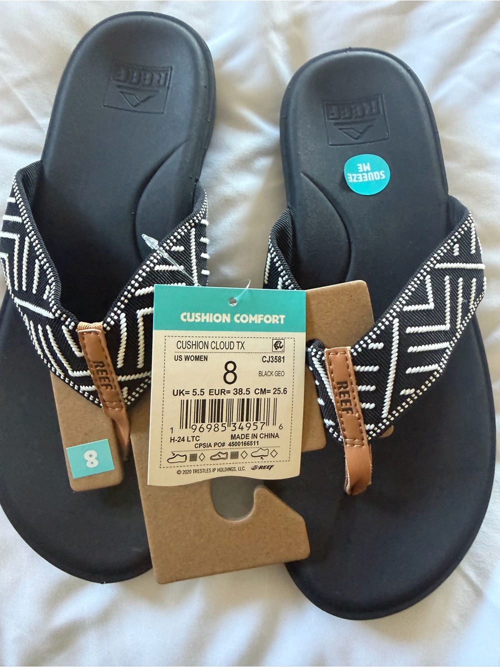 Reef Cushion Cloud TX Women’s Black Geo Sandals with Tan Accents size 8 new